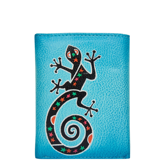 Women's hand-painted blue lizard leather trifold wallet for daily use-back view
