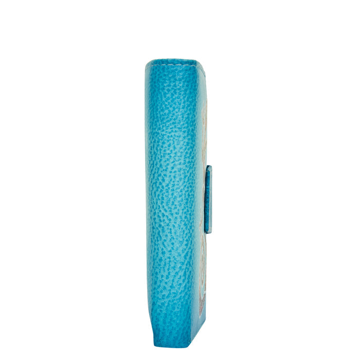 Women's hand-painted blue lizard leather trifold wallet for daily use-side view
