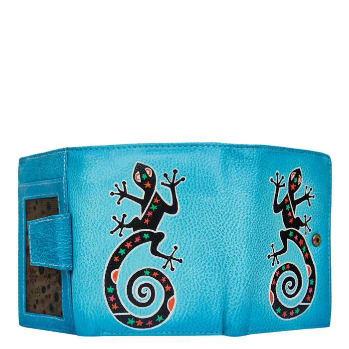 Women's hand-painted blue lizard leather trifold wallet for daily use-full back view