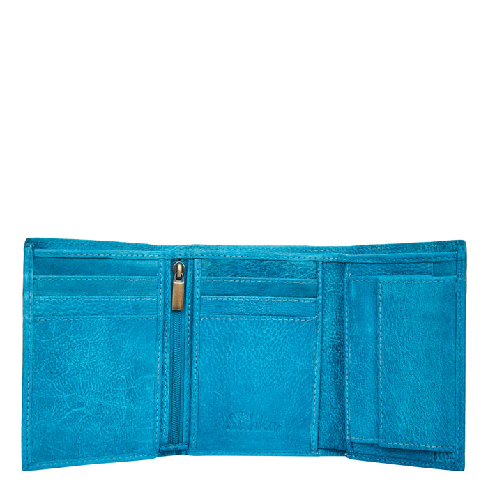 Women's hand-painted blue lizard leather trifold wallet for daily use-inner card cases view