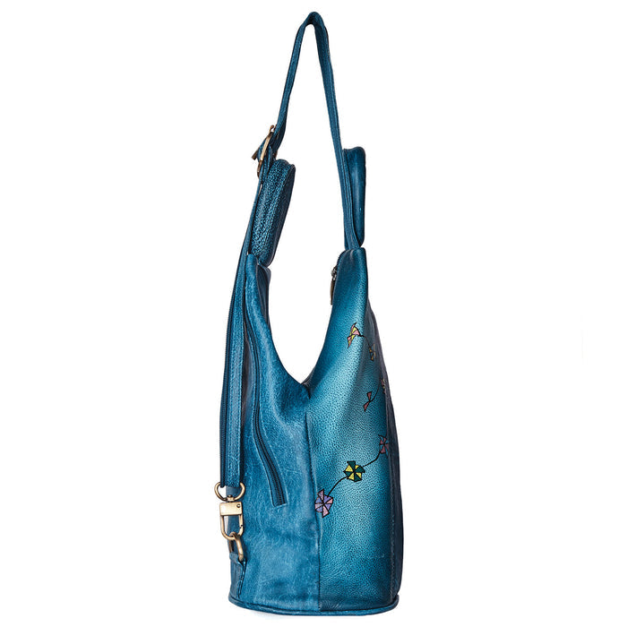 Women's turquoise triangle convertible backpack for daily adventures-side view