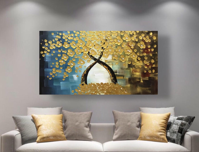 Handmade Oil Painting of Golden Flower Tree with Teal & Golden Background on Stretched Canvas