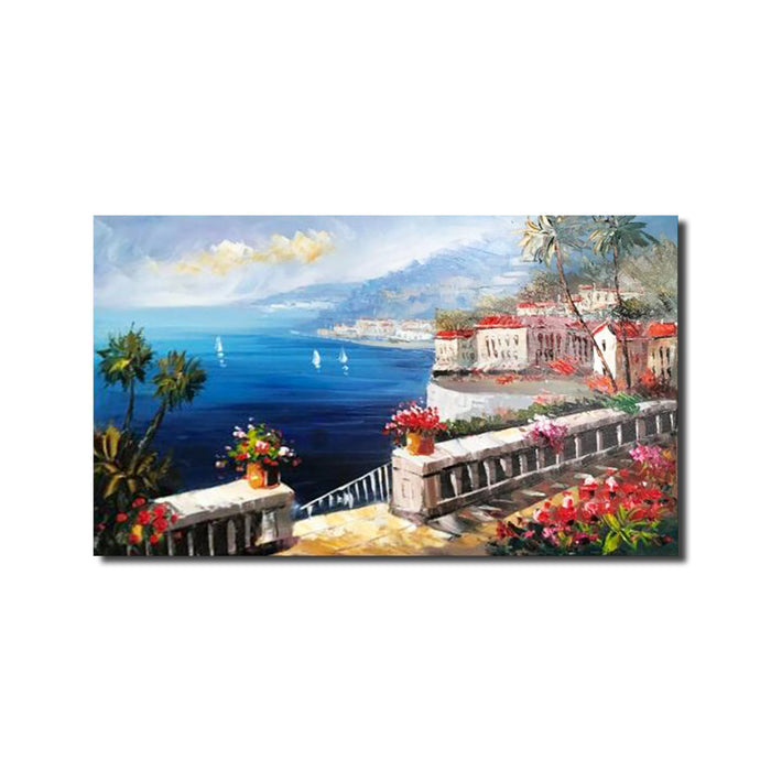Handmade Oil Painting of Mediterranean City on Stretched Canvas