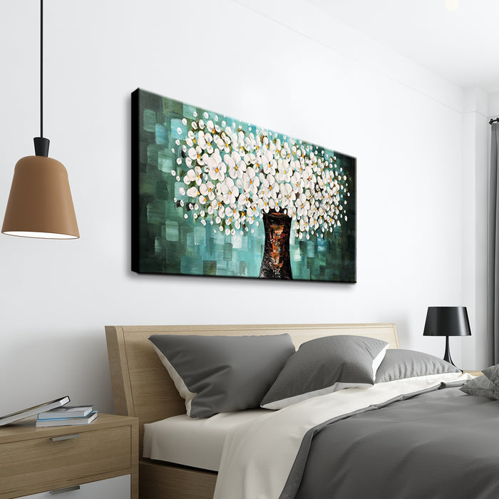 Handmade Oil Painting of White Flower Tree with Teal Background on Stretched Canvas