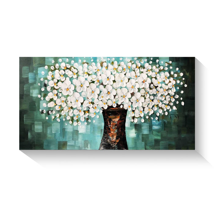 Handmade Oil Painting of White Flower Tree with Teal Background on Stretched Canvas