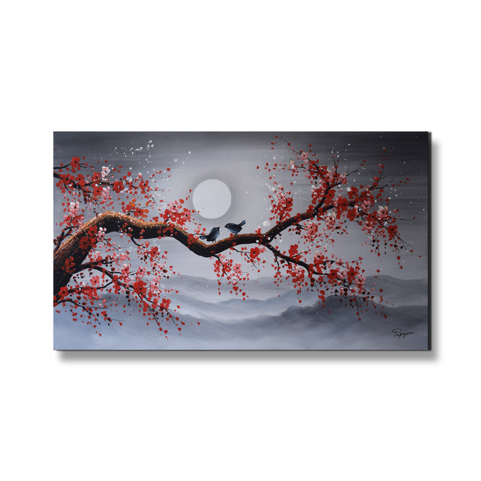 Handmade Oil Painting on Canvas of Two Love Birds on Blossom Tree