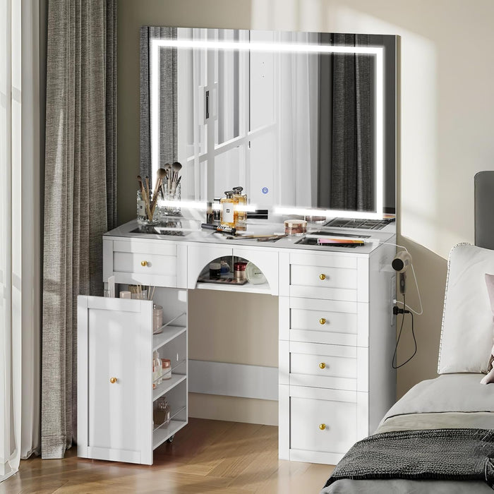 Joolihome Dressing Table Vanity Desk with LED Mirror and 3-Tier Storage Trolley