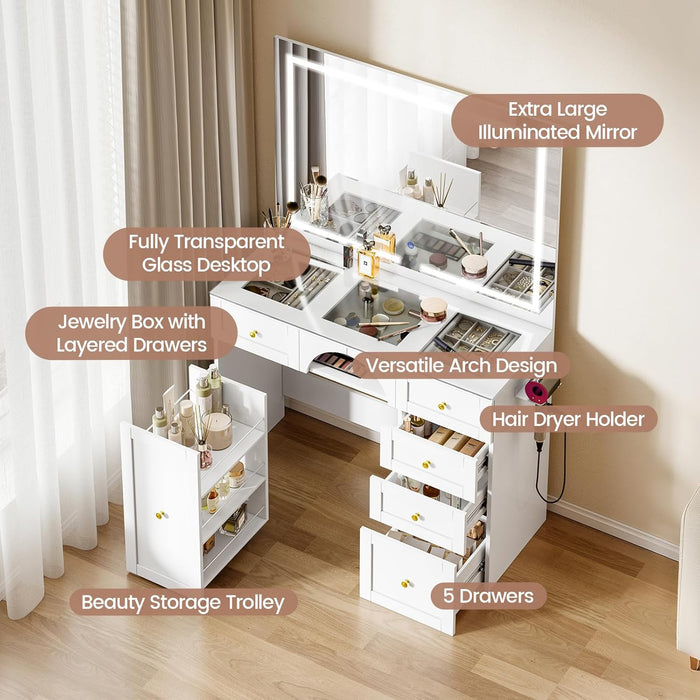 Joolihome Dressing Table Vanity Desk with LED Mirror and 3-Tier Storage Trolley