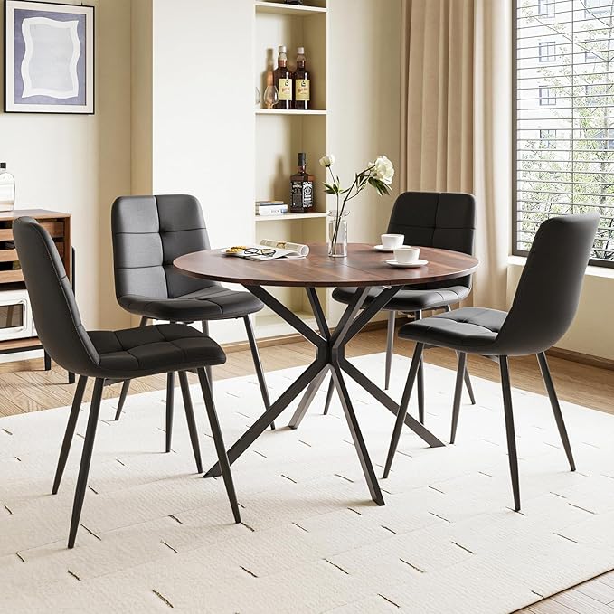 Wood Effect Table / Black Linen Chairs / Set of 4