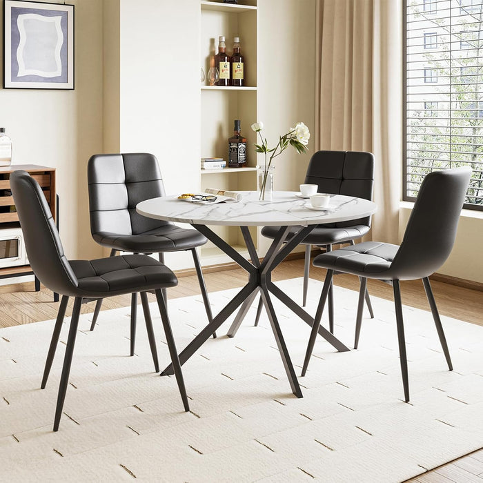 Marble Effect Table / Black Pu Chairs / Set of 4