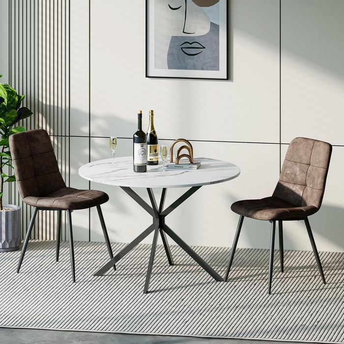 Marble Effect Table / Brown Faux Leather Chairs / Set of 2