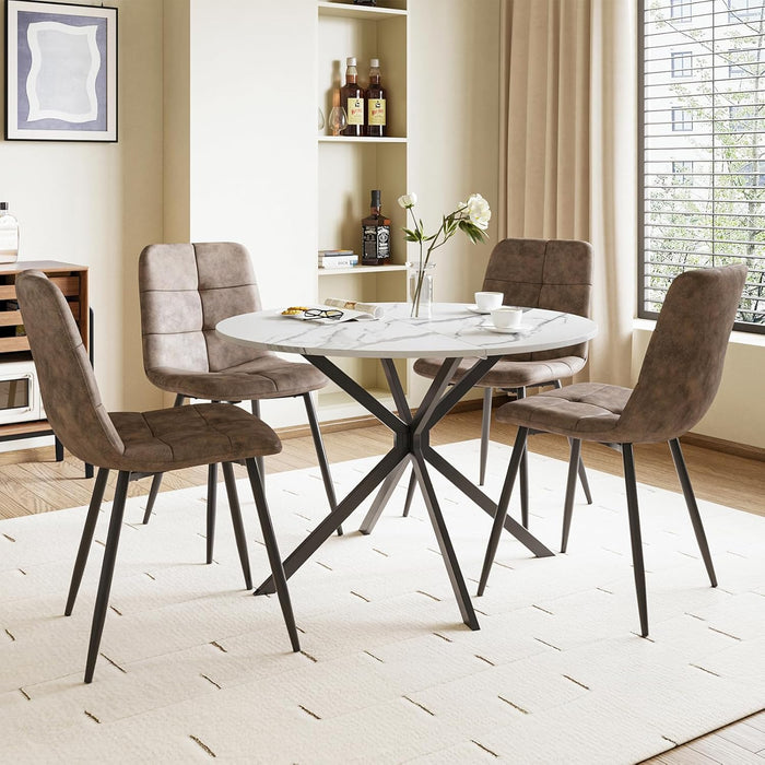 Marble Effect Table / Brown Faux Leather Chairs / Set of 4