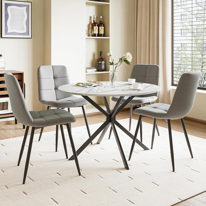 Marble Effect Table / Grey Linen Chairs / Set of 4