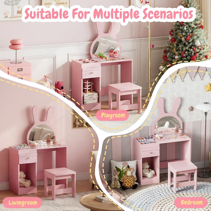 Joolihome Kids Dressing Table with Bunny-Ear Mirror