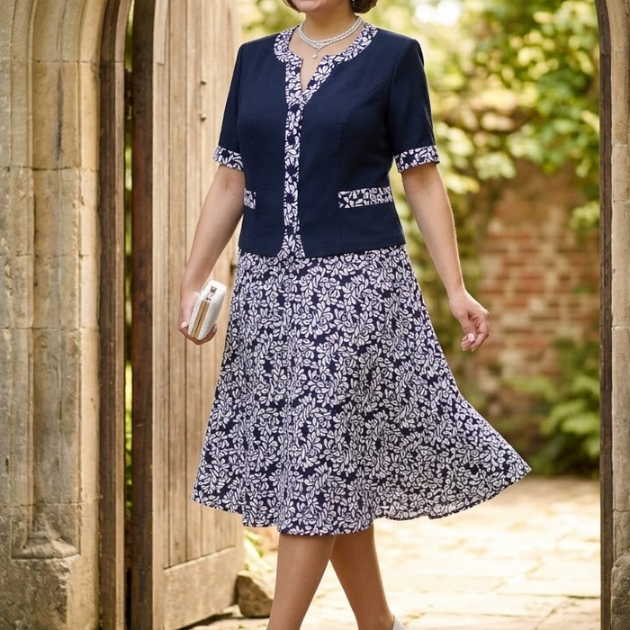 Maelyn – Women's Elegant Navy Floral Dress with Built-In Jacket