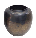 Black ceramic pot with gold bronze detail on a white background.
