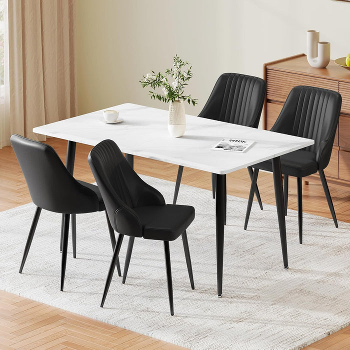 White Table & Pu Black Chairs / Set of 4