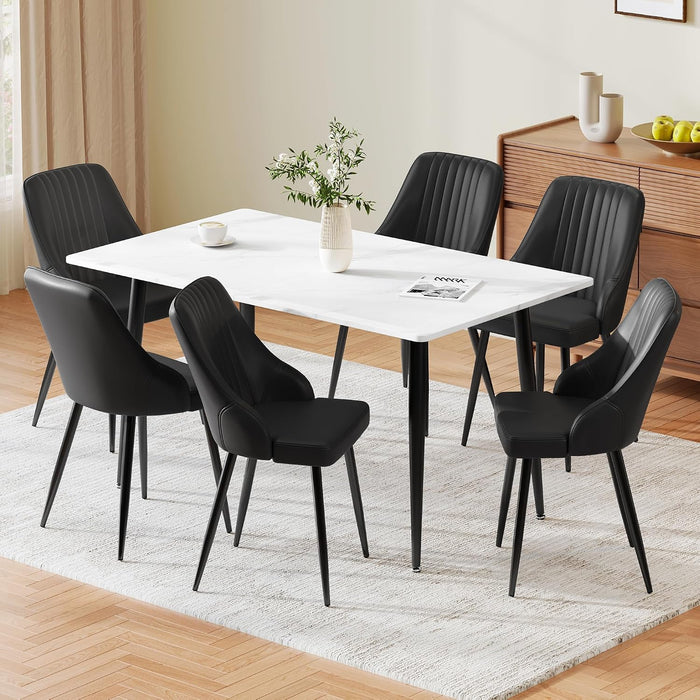 White Table & Pu Black Chairs / Set of 6
