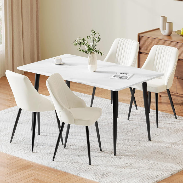White Table & Velvet Cream Chairs / Set of 4