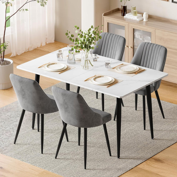 White Table & Velvet Grey Chairs / Set of 4