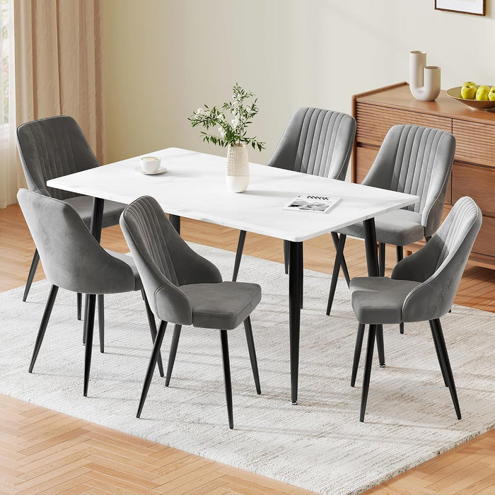 White Table & Velvet Grey Chairs / Set of 6