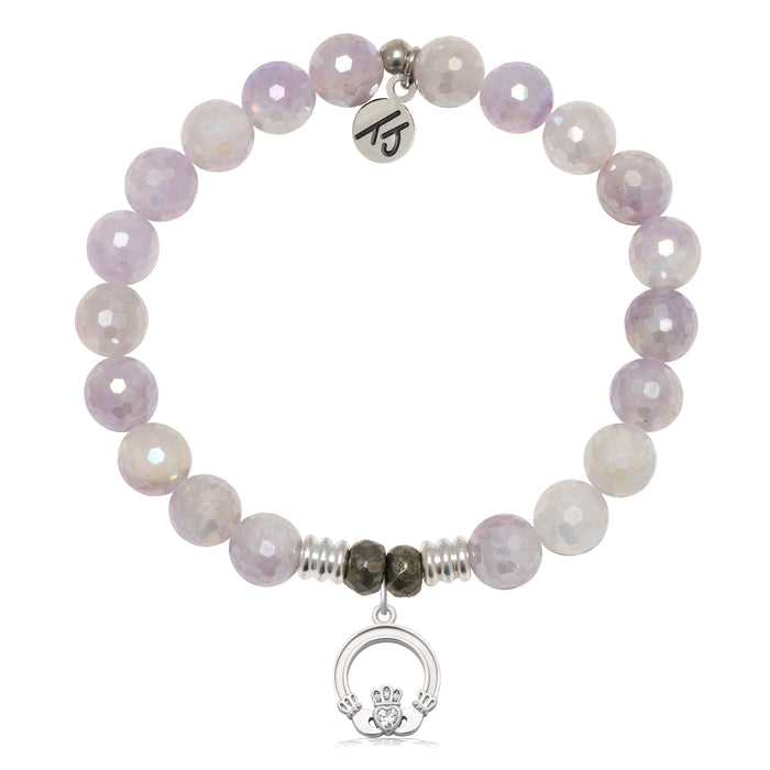 Mauve Jade Gemstone Bracelet with Claddagh Sterling Silver Charm