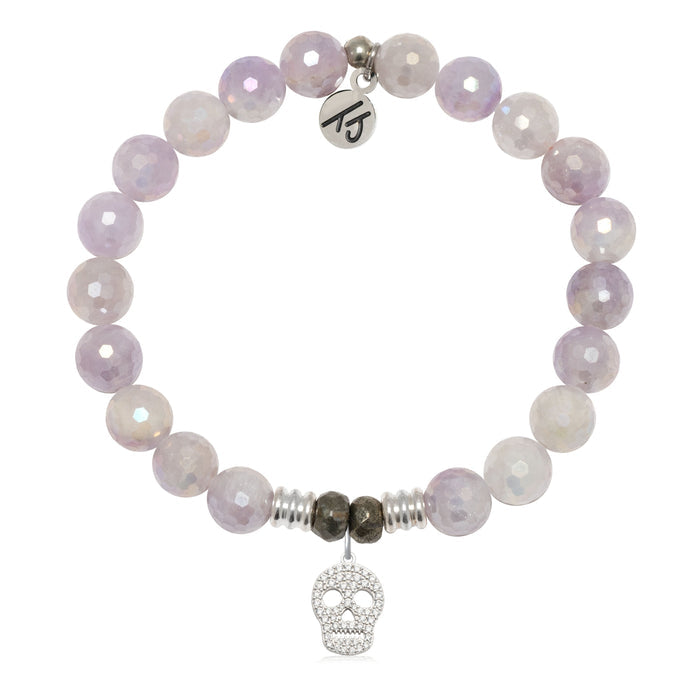 Mauve Jade Gemstone Bracelet with Skull CZ Sterling Silver Charm