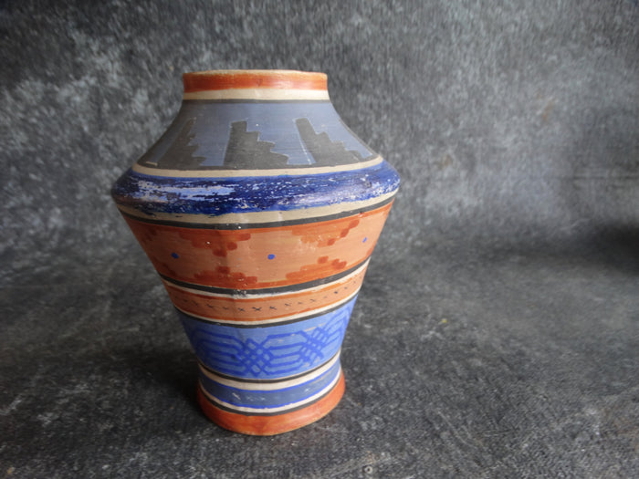 Mexican Pottery Vase in Pale Brick and Bright Blue Aztec Motifs M2682