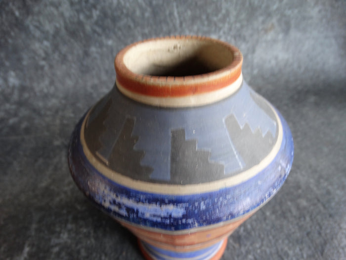 Mexican Pottery Vase in Pale Brick and Bright Blue Aztec Motifs M2682