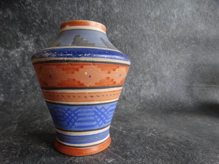 Mexican Pottery Vase in Pale Brick and Bright Blue Aztec Motifs M2682