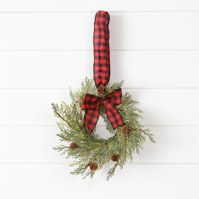 Mini Wreath Hanger- Cedar with Cones and Buffalo Plaid Bow