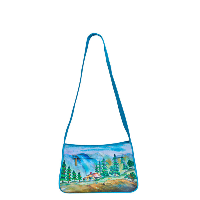 Women's mountain hand-painted leather shoulder bag for everyday use and trip-back view