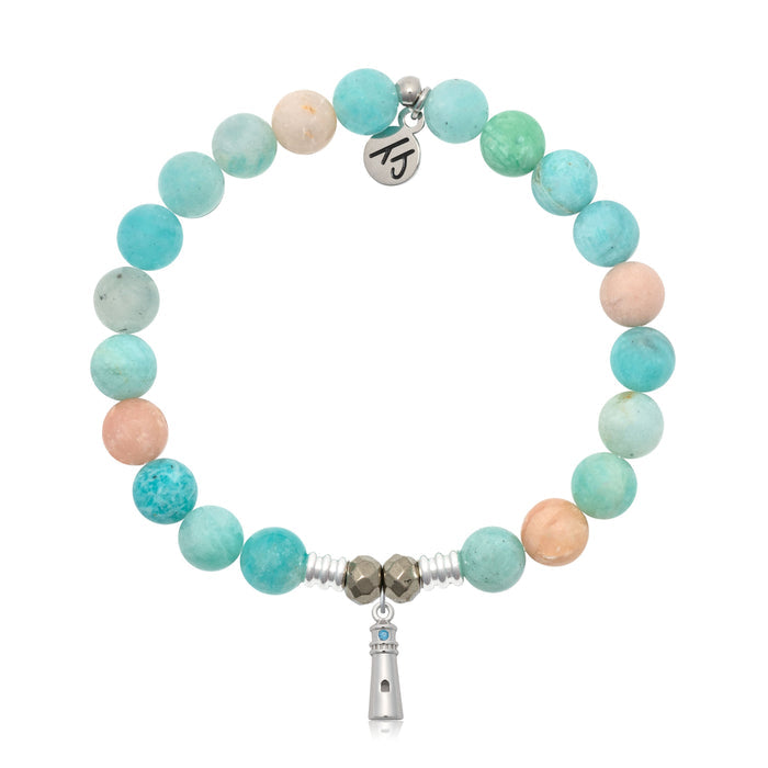 Multi Amazonite Gemstone Bracelet with Lighthouse Sterling Silver Charm