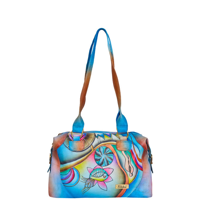 Women's abstract artwork genuine leather shoulder tote bag for everyday carry