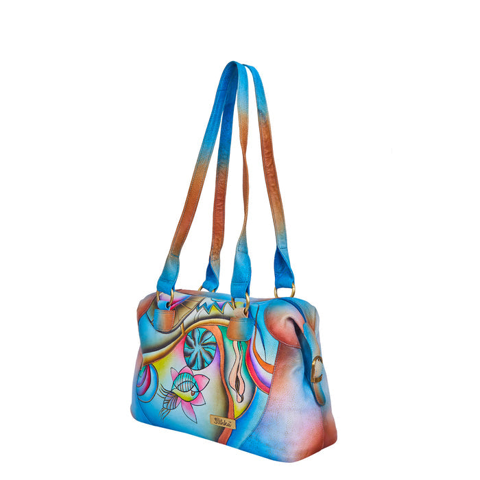 Women's abstract artwork genuine leather shoulder tote bag for everyday carry-half side view