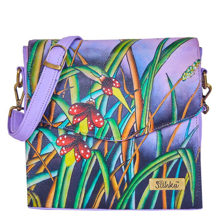 Women's hand-painted nature art leather crossbody bag for daily use
