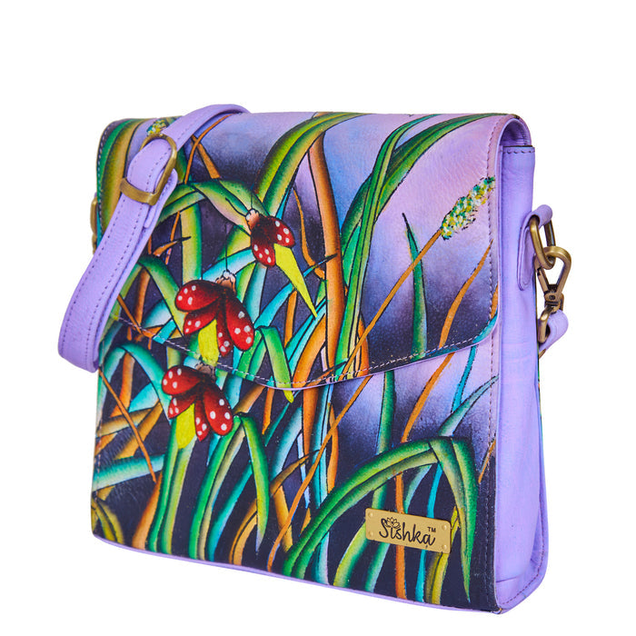 Women's hand-painted nature art leather crossbody bag for daily use-half side view