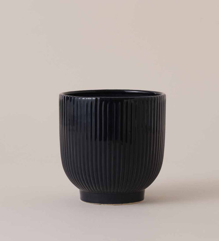 Navy Ribbed Ceramic Pot (13cm)
