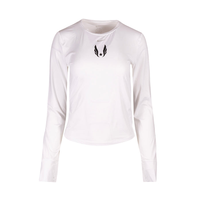 White long-sleeve shirt with black USA Track and Field Wings logo on a white background