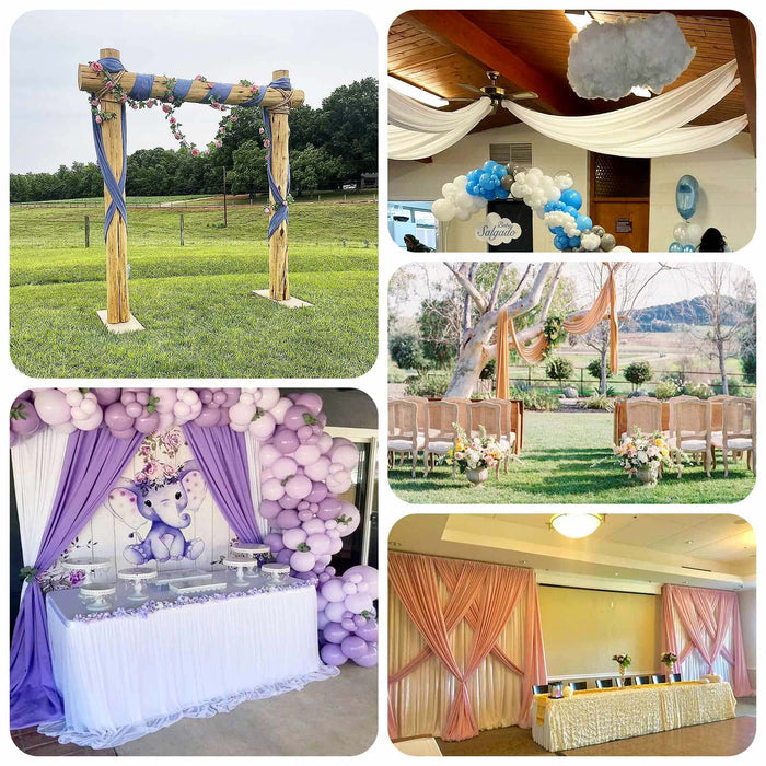 Decorative event setups with arches, balloons, and table displays in various settings.