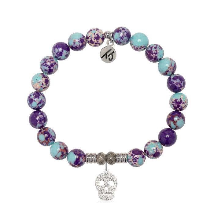 Purple Blue Jasper Gemstone Bracelet with Skull CZ Sterling Silver Charm