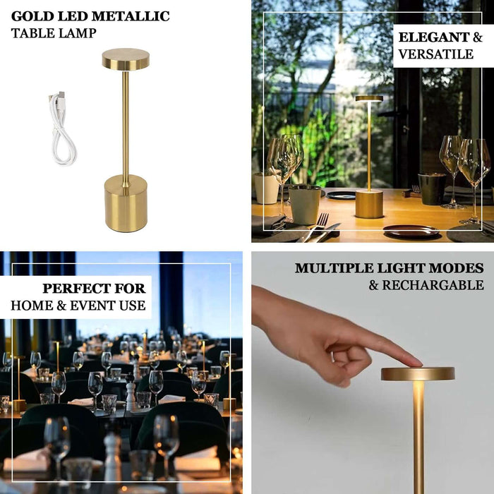 Gold LED metallic table lamp, elegant and versatile for home and event use.