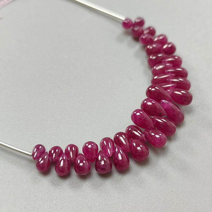 Red Ruby Smooth Loose Beads: 43.30cts Natural Untreated Ruby Gemstone Plain Teardrop Beads 6mm - 10mm, 3.5" Strand July Birthstone