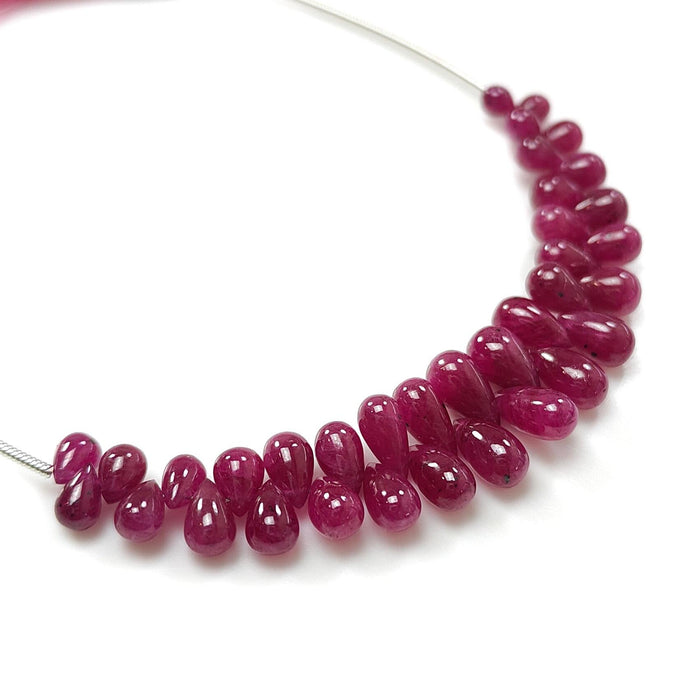 Red Ruby Smooth Loose Beads: 43.30cts Natural Untreated Ruby Gemstone Plain Teardrop Beads 6mm - 10mm, 3.5" Strand July Birthstone