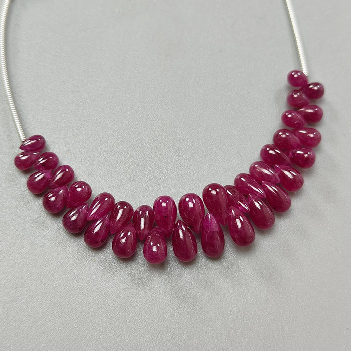 Red Ruby Smooth Loose Beads: 43.30cts Natural Untreated Ruby Gemstone Plain Teardrop Beads 6mm - 10mm, 3.5" Strand July Birthstone