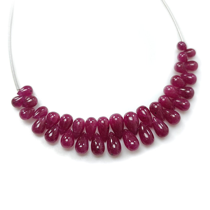Red Ruby Smooth Loose Beads: 43.30cts Natural Untreated Ruby Gemstone Plain Teardrop Beads 6mm - 10mm, 3.5" Strand July Birthstone
