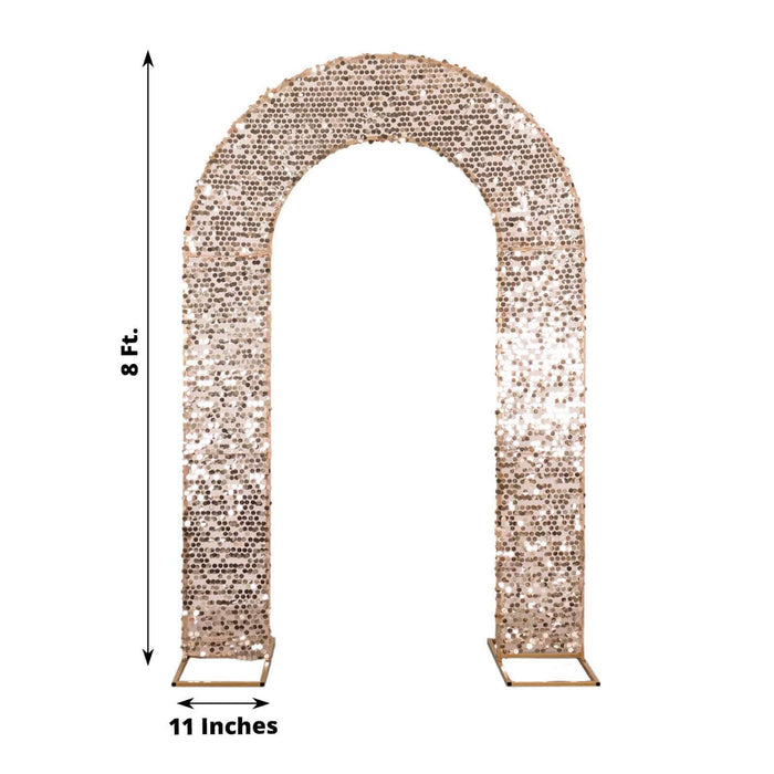 Rose gold sequin archway decoration, 8 ft tall and 11 inches wide.