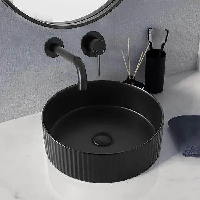 Round 360mm Fluted Matte Black Counter Top Basin White/ Black