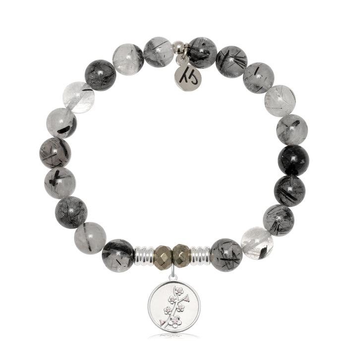 Rutilated Quartz Gemstone Bracelet with Cherry Blossom Sterling Silver Charm