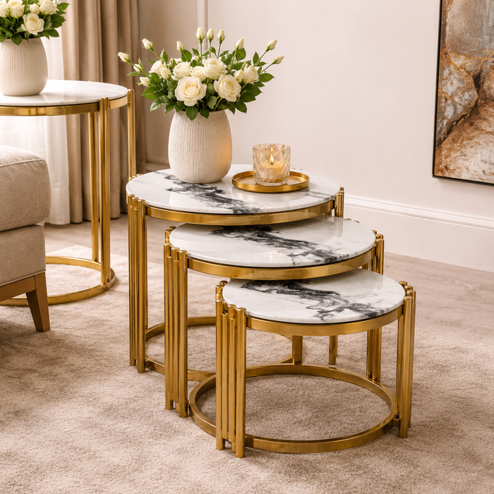 Set of 3 Marble Nesting Tables | Luxury Gold Stainless-Steel Design with White and Black Marble Top